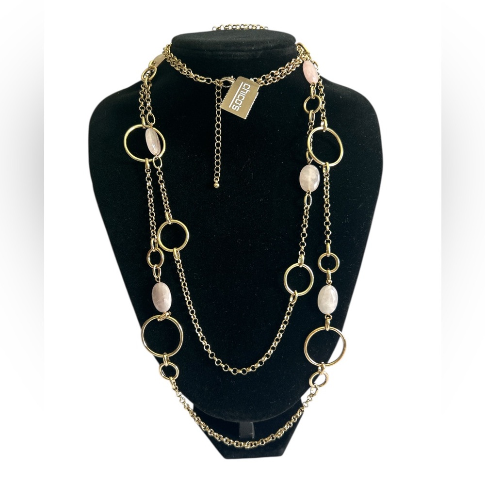 Chico's Gold Tone and Pink Rose Quartz Geometric Necklace